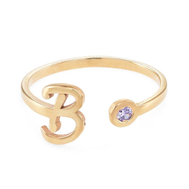 18K Gold Plated Open Initial Birthstone Ring-2 product photo