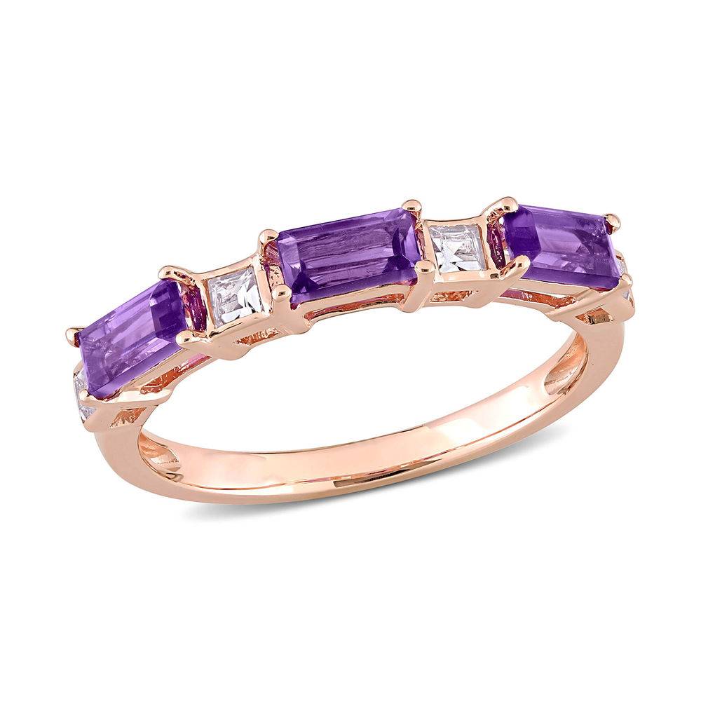 Baguette Ring with Amethyst and White Topaz Gemstones in 10k Rose Gold-1 product photo