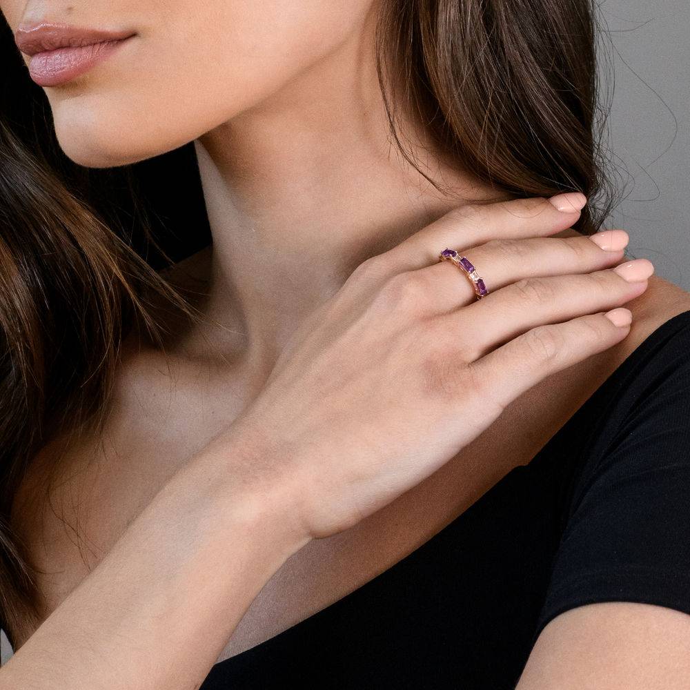 Baguette Ring with Amethyst and White Topaz Gemstones in 10k Rose Gold-3 product photo