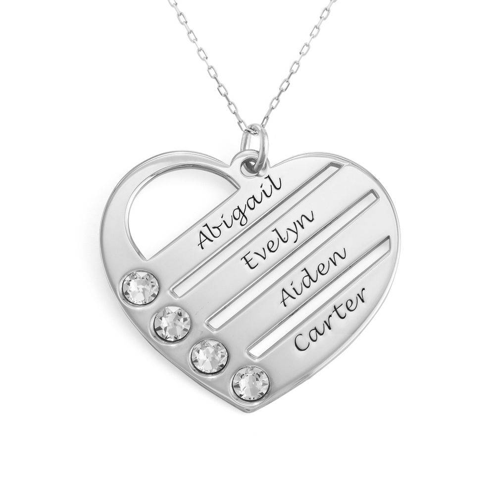 Birthstone Heart Necklace with Engraved Names in 10k White Gold-1 product photo