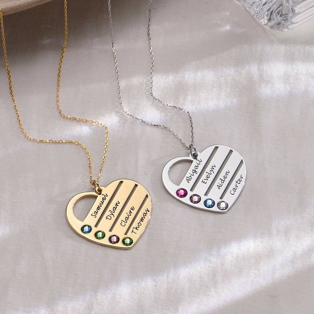 Birthstone Heart Necklace with Engraved Names in 10k White Gold-2 product photo
