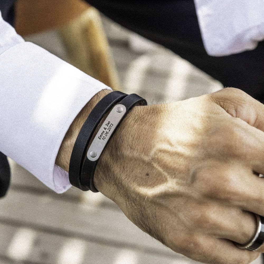 Black Leather Bracelet with Engraved Bar-2 product photo