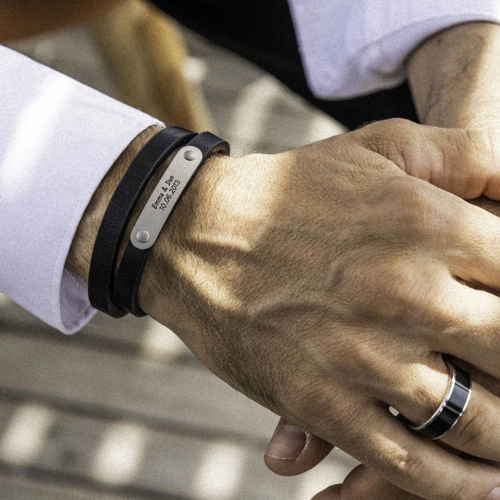 Black Leather Bracelet with Engraved Bar-3 product photo