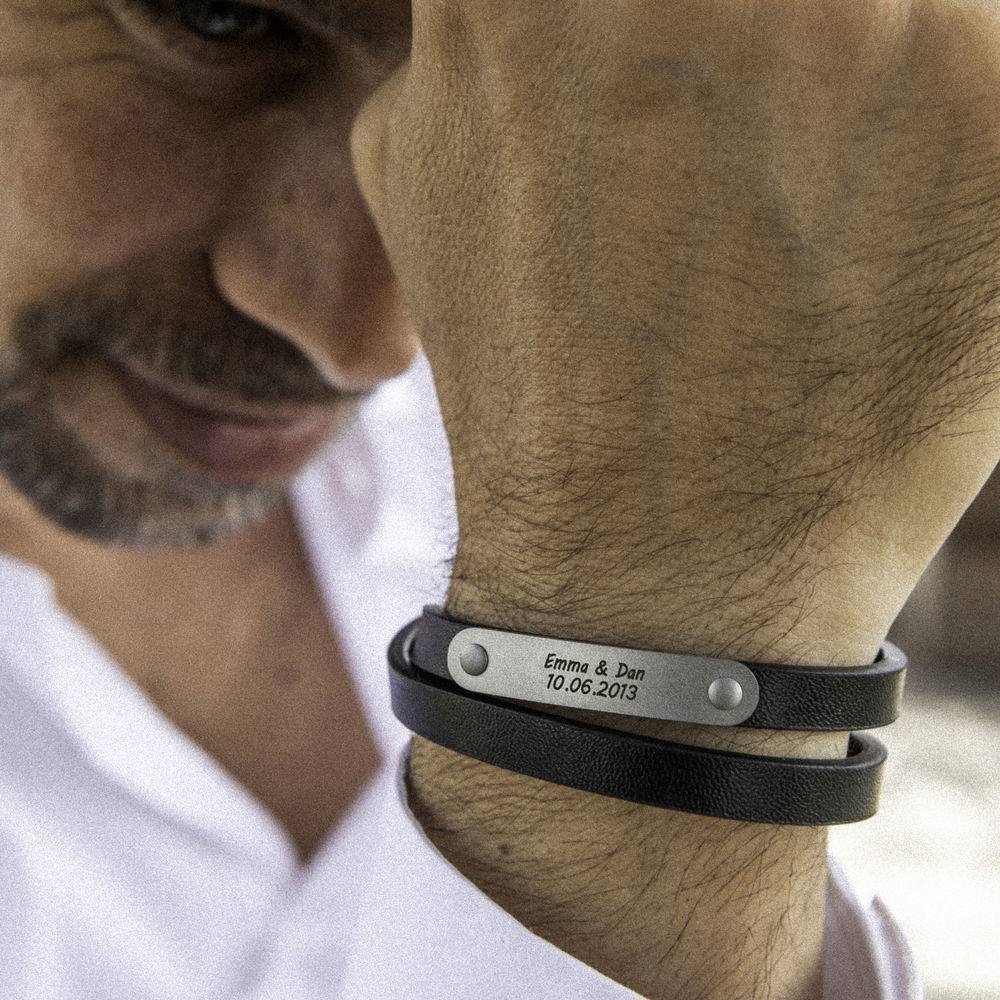 Black Leather Bracelet with Engraved Bar-4 product photo