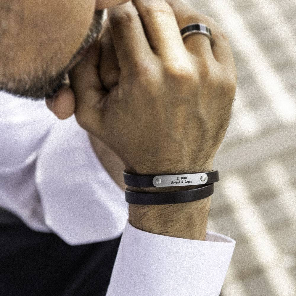 Black Leather Bracelet with Engraved Bar-6 product photo