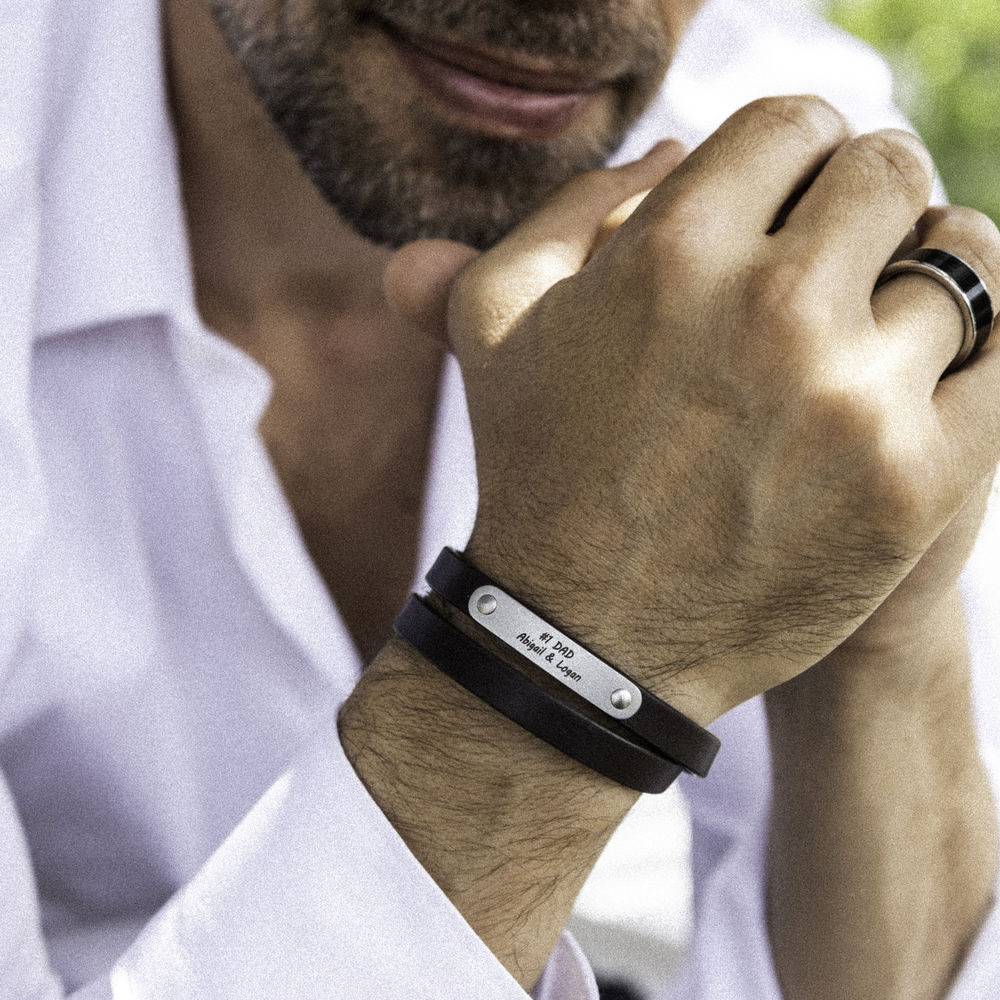 Black Leather Bracelet with Engraved Bar-7 product photo