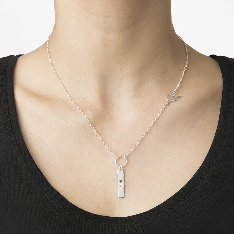 Engraved Bar Necklace with Bird Charm-4 product photo