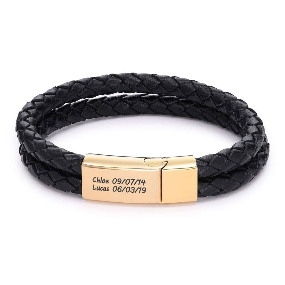 Engraved Bracelet for Men in Black Leather and Gold Plating-1 product photo