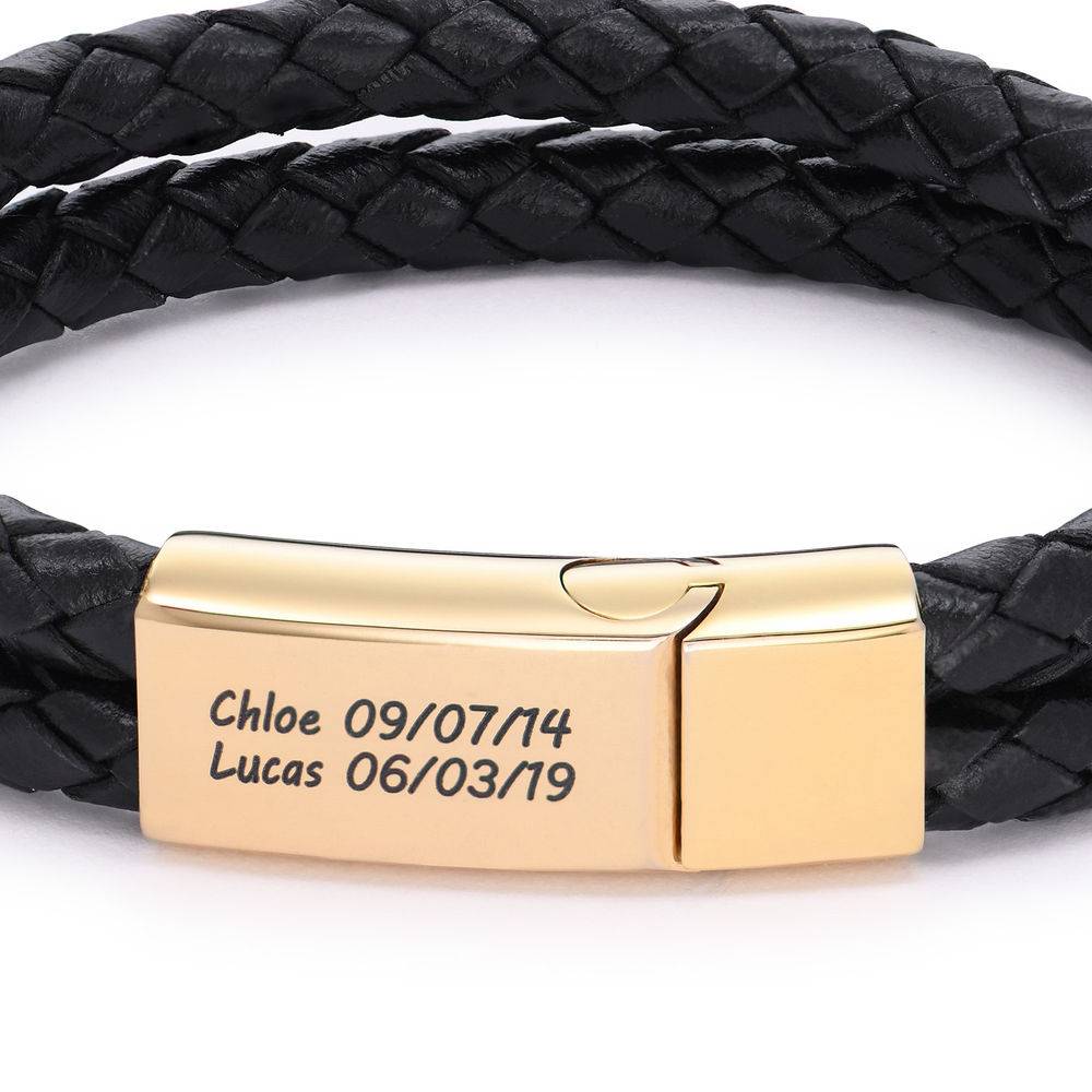 Engraved Bracelet for Men in Black Leather and Gold Plating-2 product photo