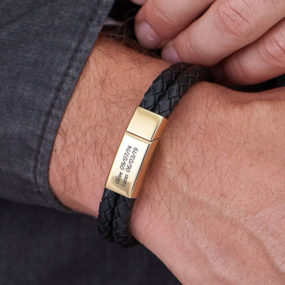 Engraved Bracelet for Men in Black Leather and Gold Plating-3 product photo