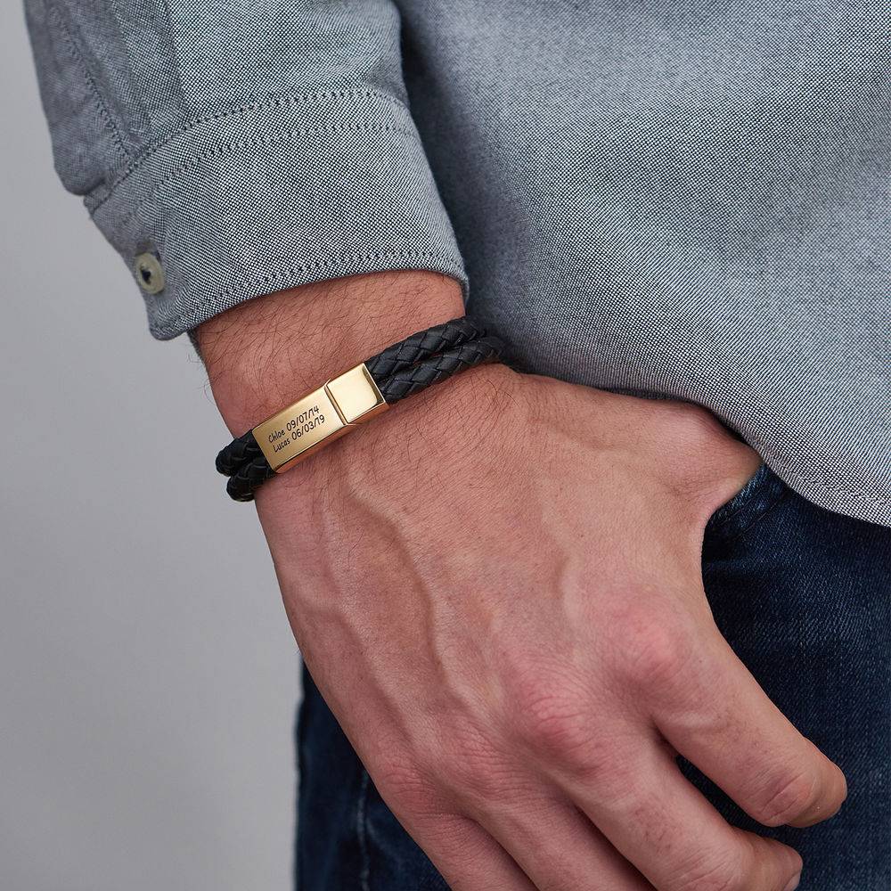 Engraved Bracelet for Men in Black Leather and Gold Plating-4 product photo