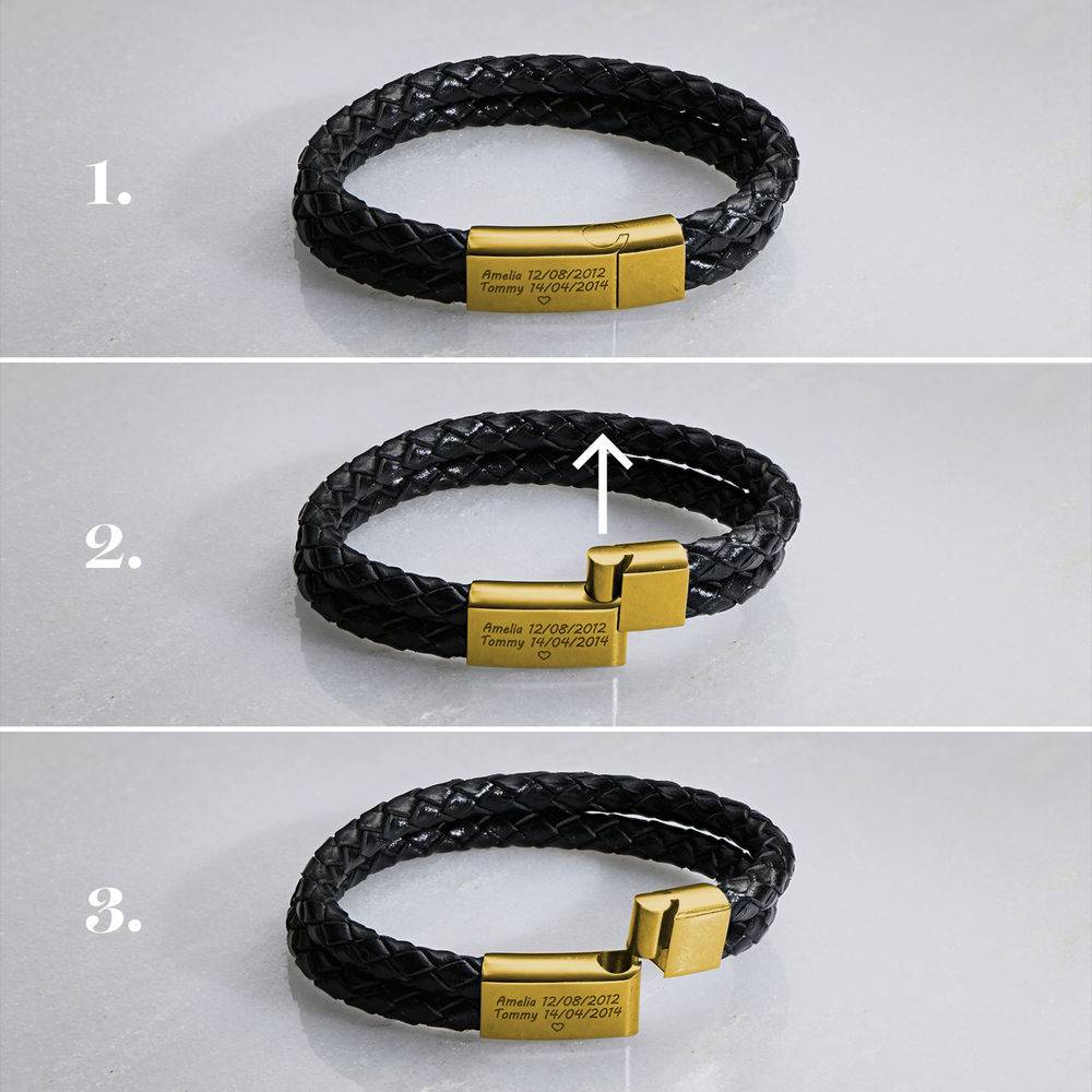 Engraved Bracelet for Men in Black Leather and Gold Plating-5 product photo