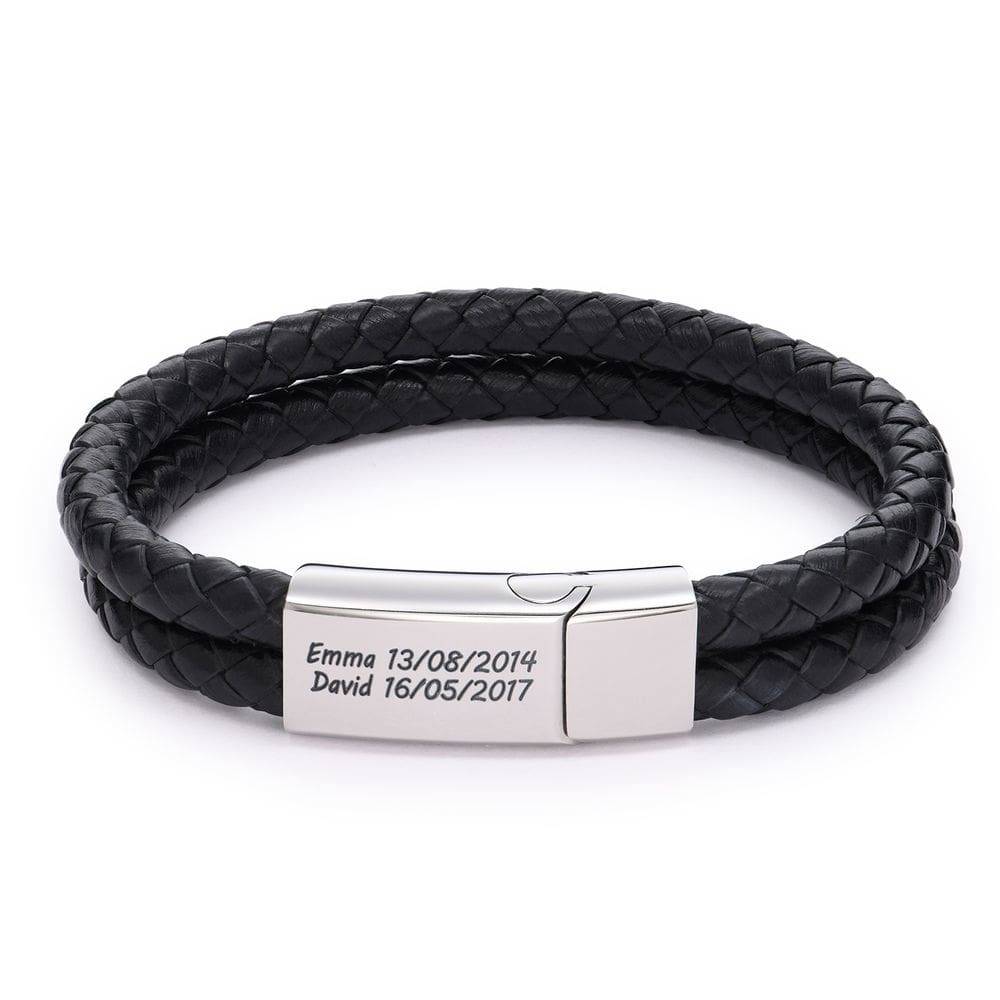 Engraved Bracelet for Men in Stainless Steel and Black Leather-1 product photo