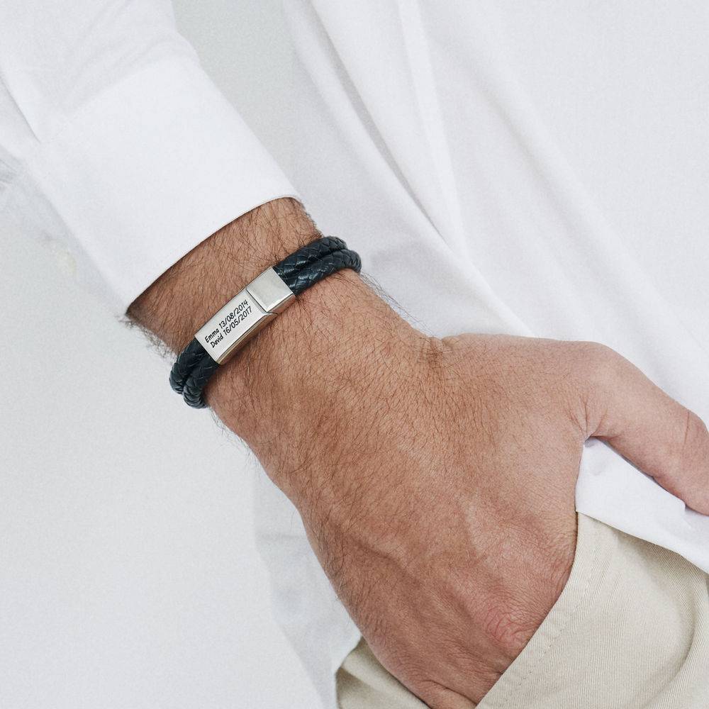 Engraved Bracelet for Men in Stainless Steel and Black Leather-2 product photo