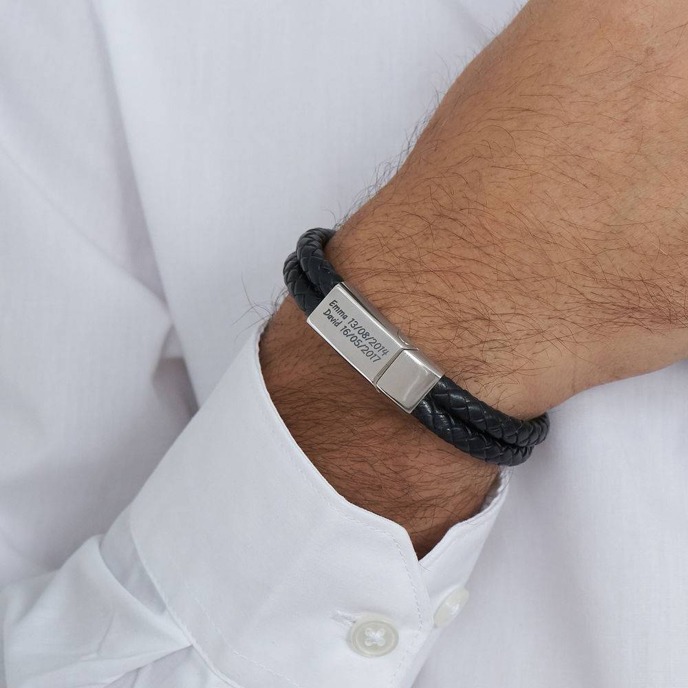 Engraved Bracelet for Men in Stainless Steel and Black Leather-3 product photo