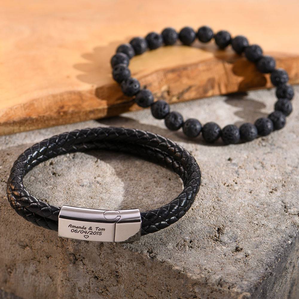 Engraved Bracelet for Men in Stainless Steel and Black Leather-4 product photo