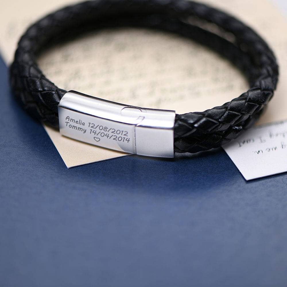 Engraved Bracelet for Men in Stainless Steel and Black Leather-5 product photo