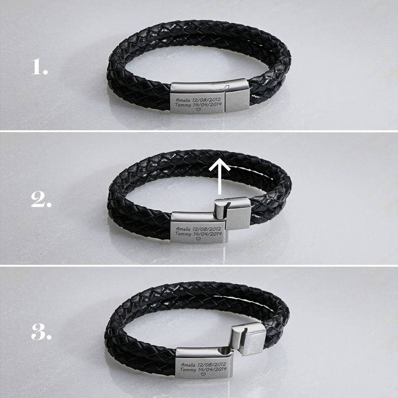Engraved Bracelet for Men in Stainless Steel and Black Leather-6 product photo