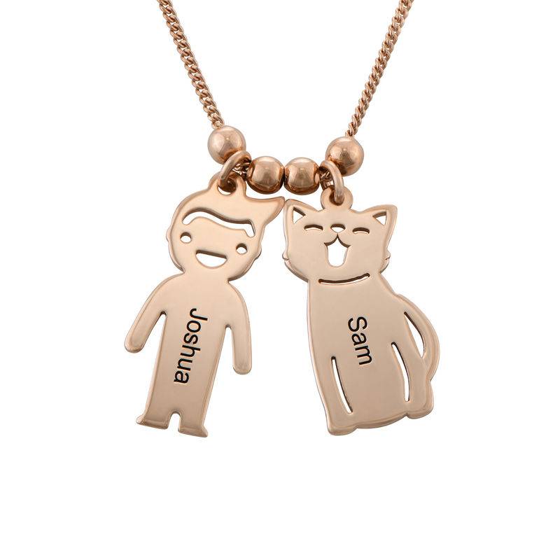 Engraved Kids Charm with Cat and Dog Charm Necklace in Rose Gold Plating-2 product photo