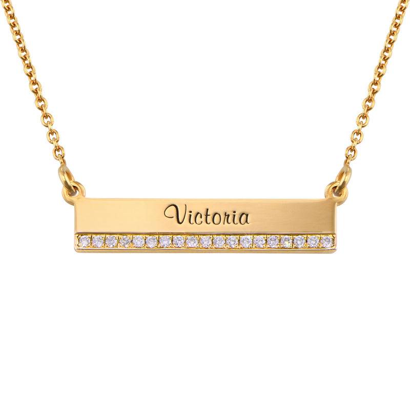 Engraved Pave Bar Necklace with Diamonds in Gold Plating-1 product photo