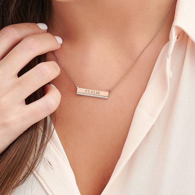 Engraved Pave Bar Necklace with Diamonds in Rose Gold Plating-3 product photo