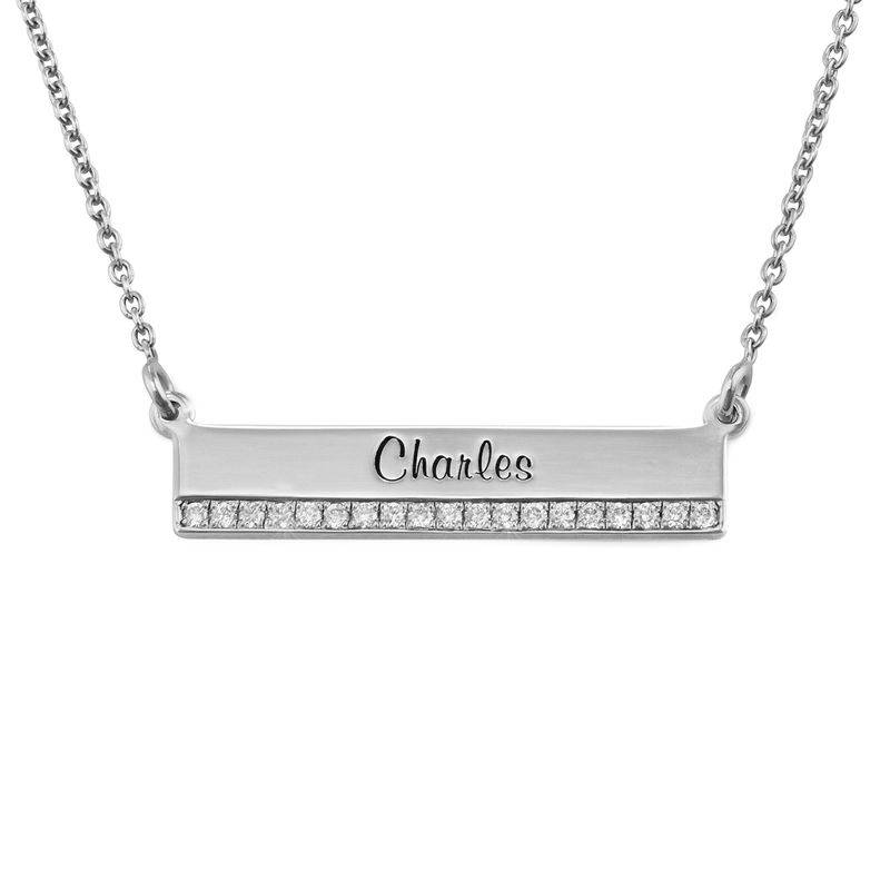 Engraved Pave Bar Necklace with Diamonds in Sterling Silver-1 product photo