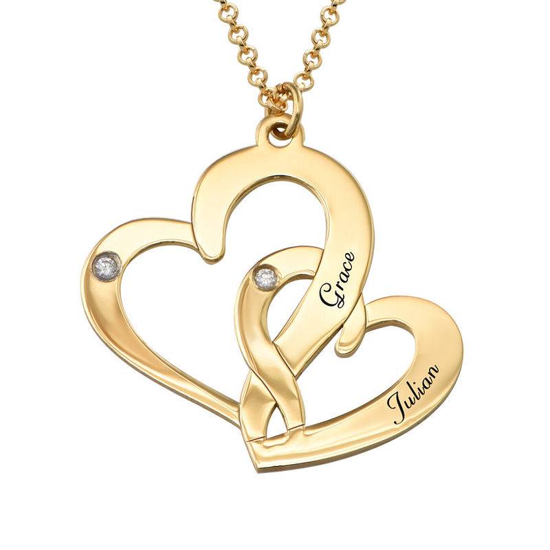 Engraved Two Heart Necklace Gold Plated  with Diamonds-1 product photo