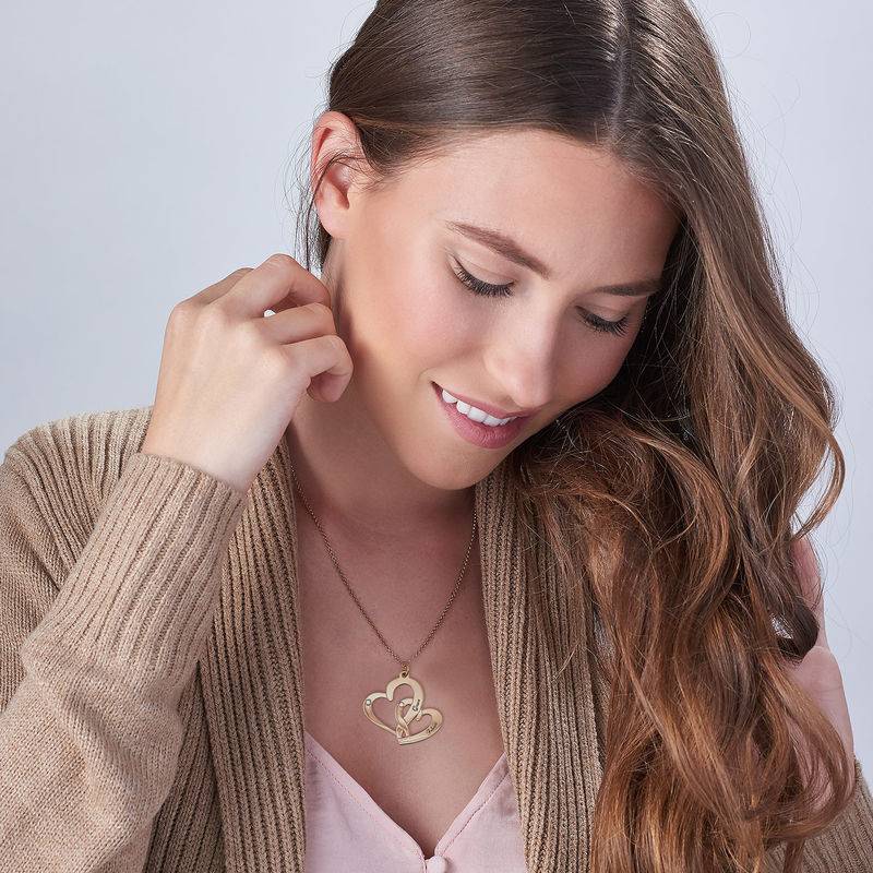 Engraved Two Heart Necklace Gold Plated  with Diamonds-2 product photo
