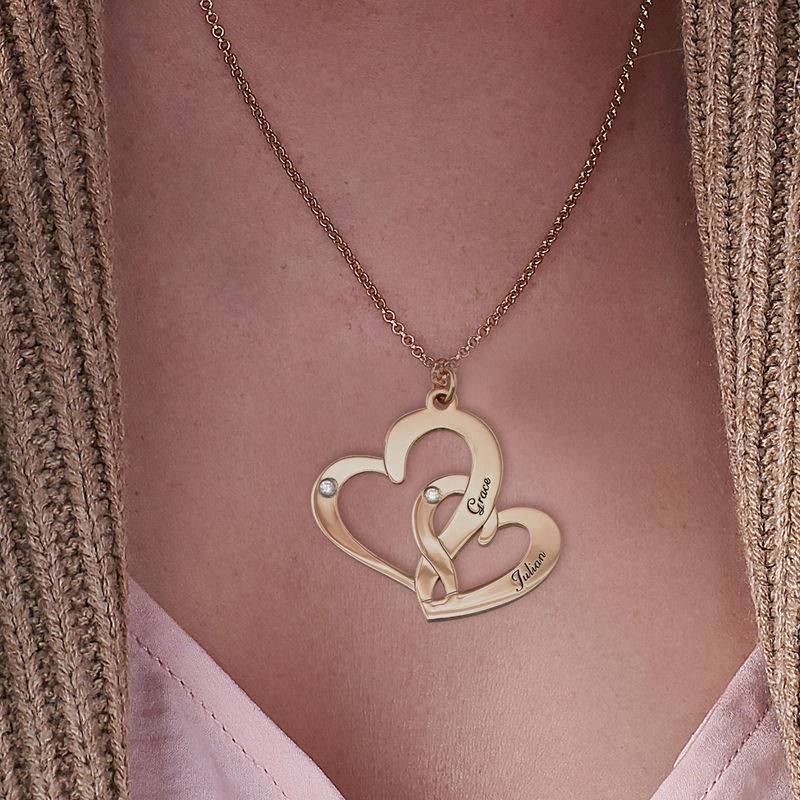 Engraved Two Heart Necklace Gold Plated  with Diamonds-3 product photo