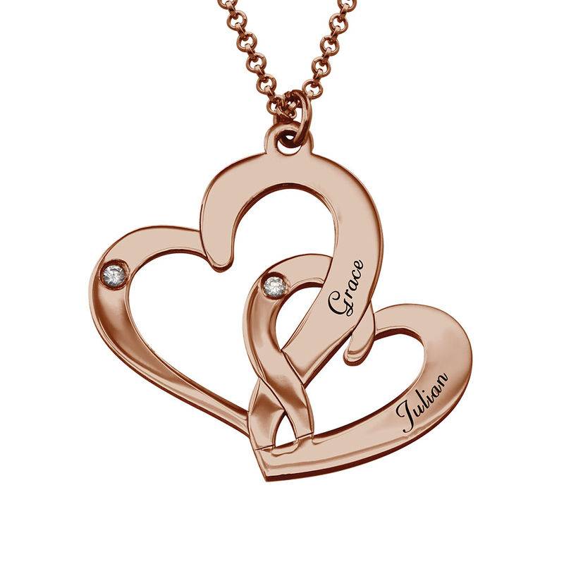 Engraved Two Heart Necklace Rose Gold Plated  with Diamonds-1 product photo