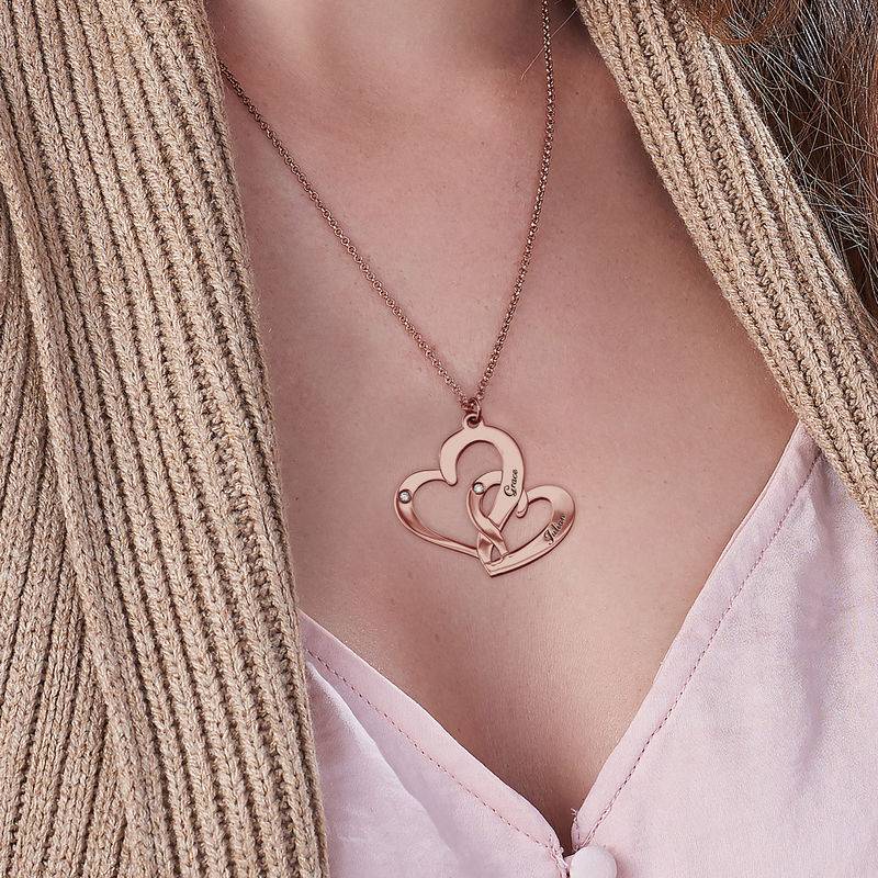 Engraved Two Heart Necklace Rose Gold Plated  with Diamonds-3 product photo