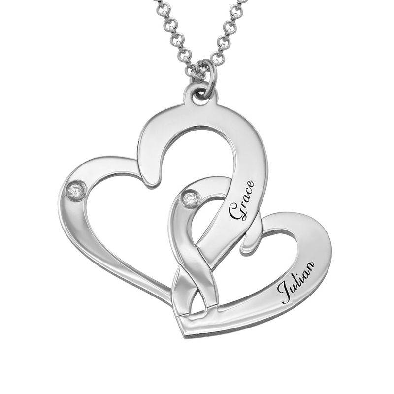 Engraved Two Heart Necklace Sterling Silver with Diamonds-1 product photo