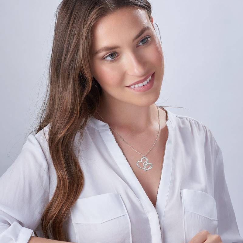 Engraved Two Heart Necklace Sterling Silver with Diamonds-3 product photo