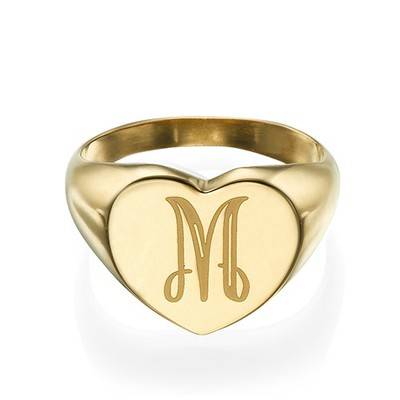 Heart Shaped Signet Ring with Initial - Gold Plated-2 Heart Shaped Signet Ring with Initial - Gold Plated-2 product photo