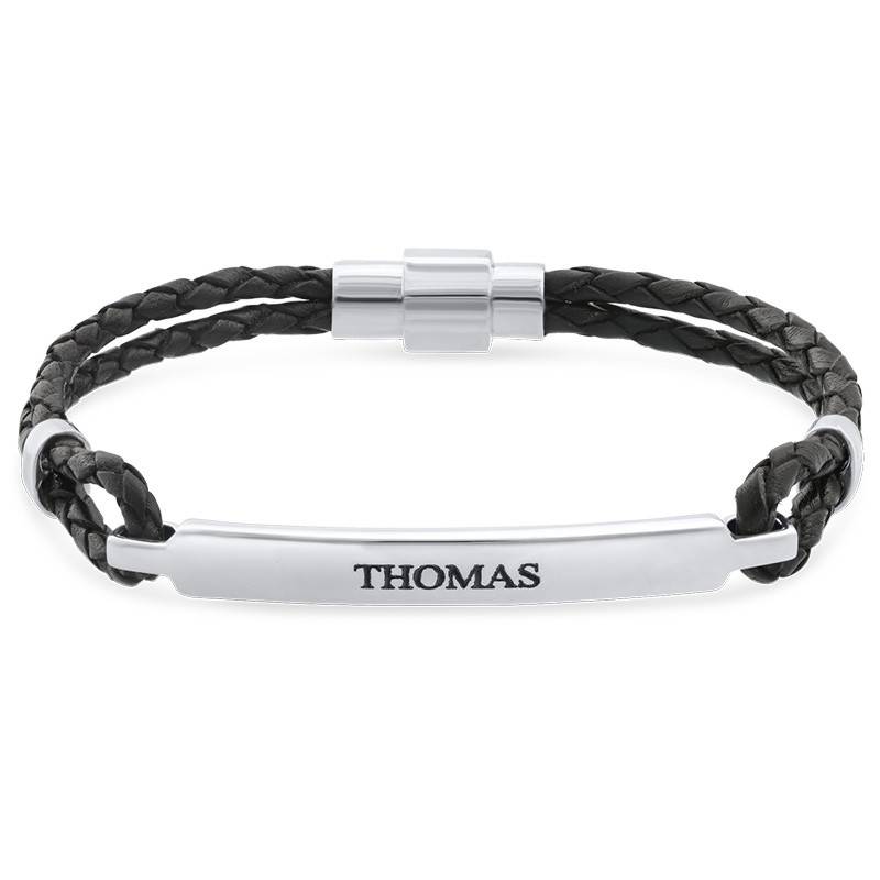 ID bracelet for Men in Stainless Steel and Black Leather-1 product photo
