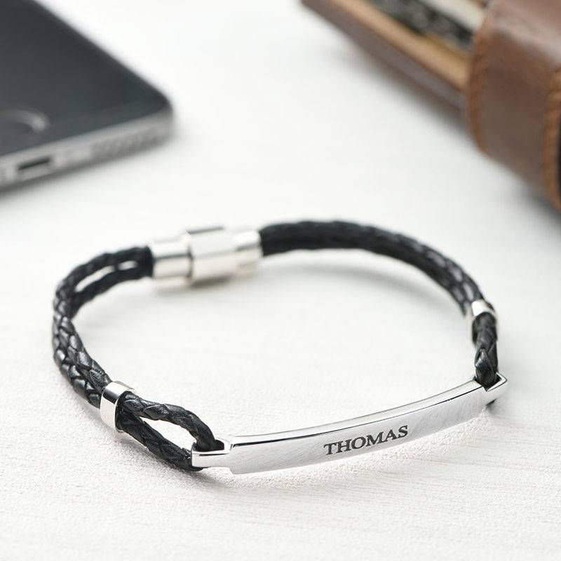 ID bracelet for Men in Stainless Steel and Black Leather-2 product photo