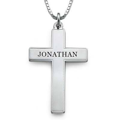 Men's Engraved Cross Necklace in Sterling Silver-1 product photo