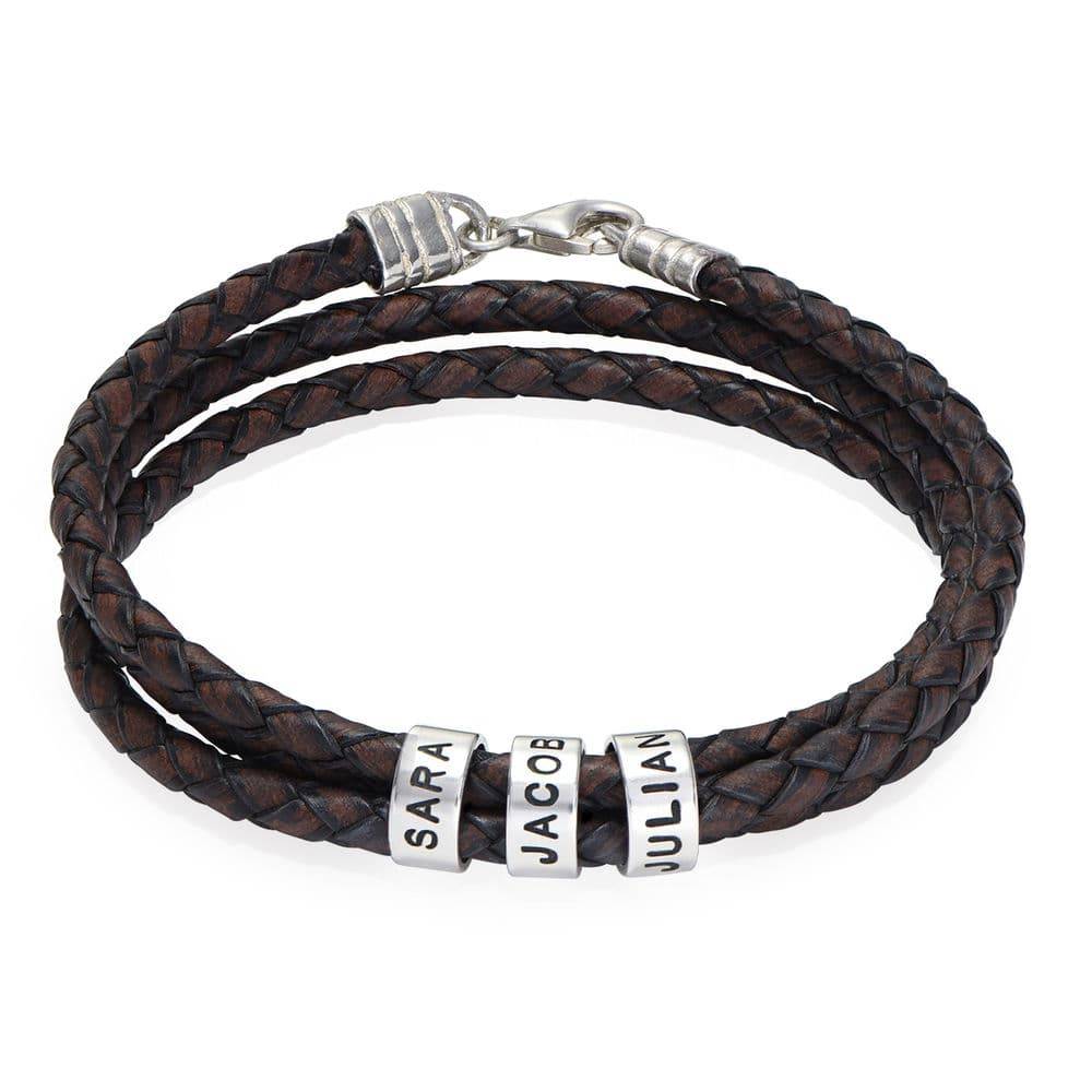 Men Braided Brown Leather Bracelet with Small Custom Beads in Silver-1 product photo
