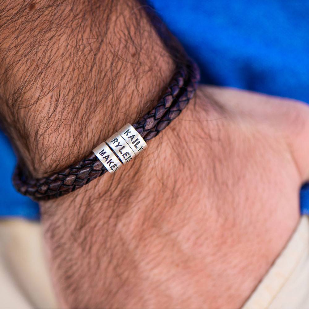 Men Braided Brown Leather Bracelet with Small Custom Beads in Silver-3 product photo