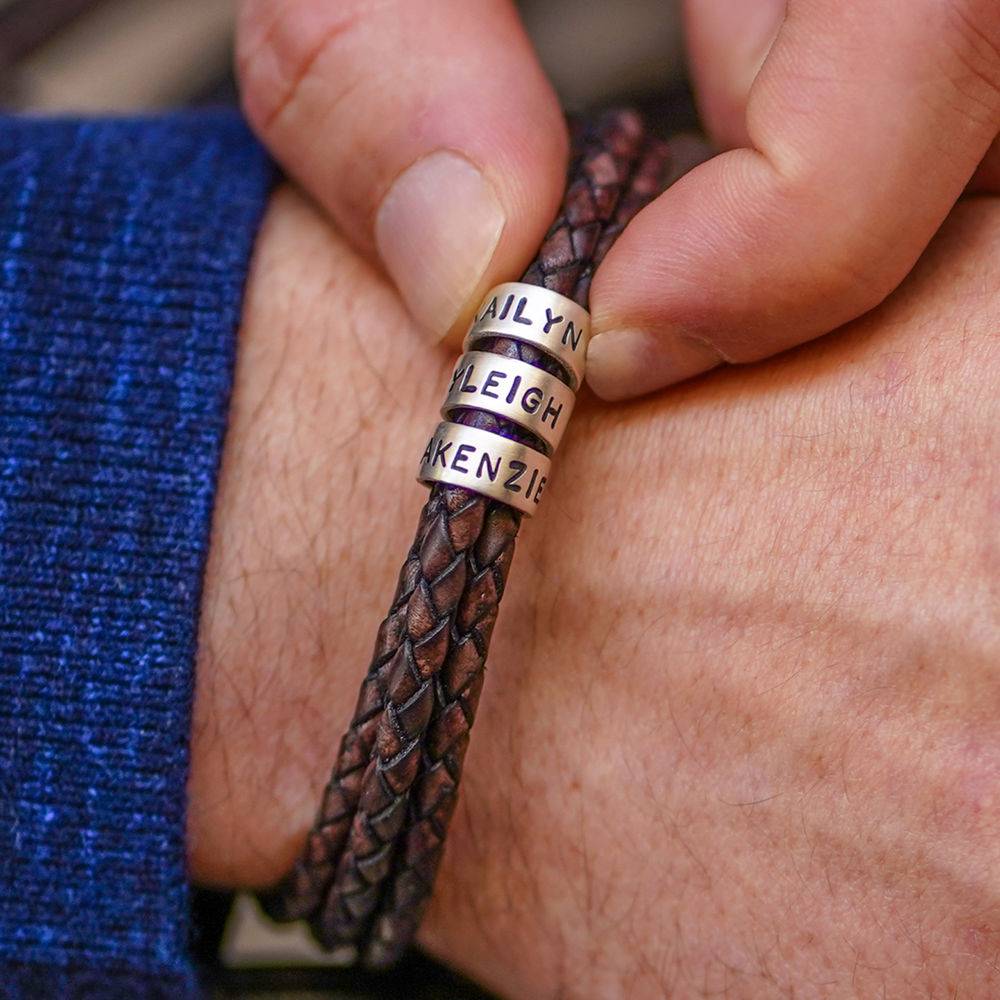 Men Braided Brown Leather Bracelet with Small Custom Beads in Silver-4 product photo