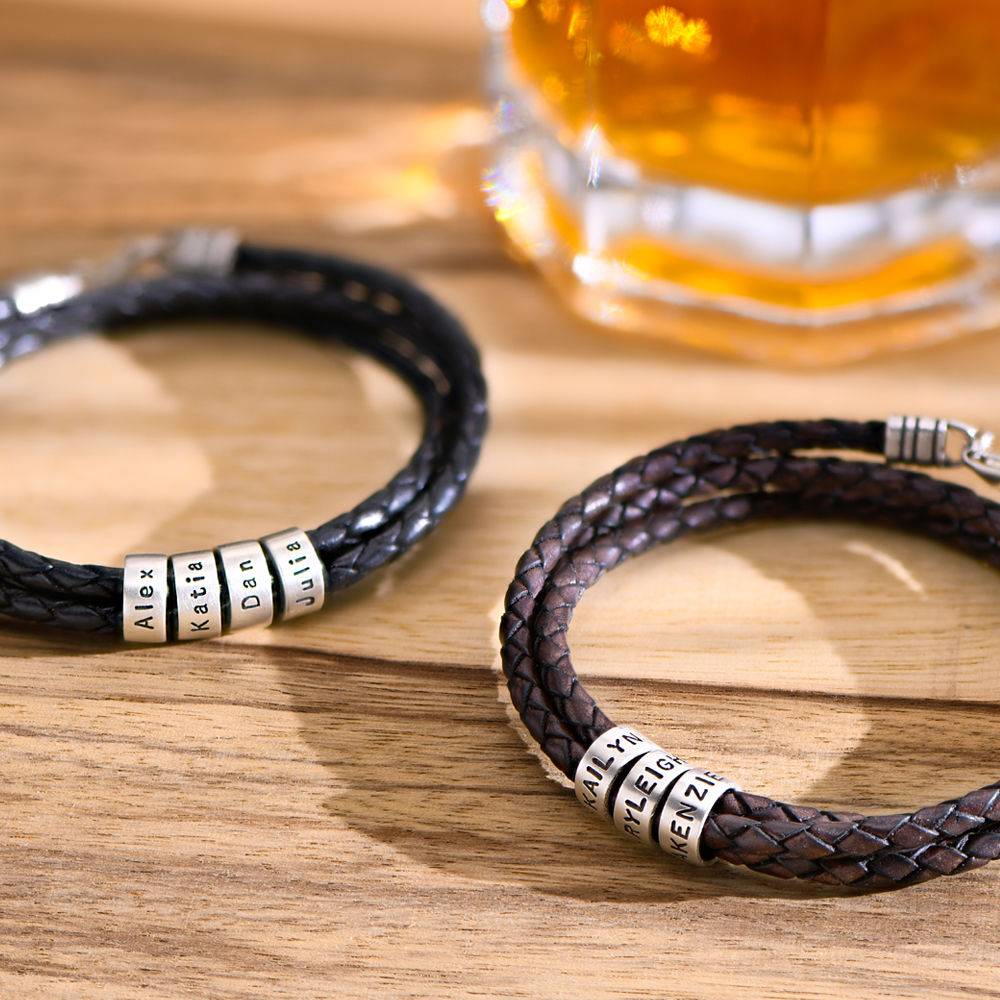 Men Braided Brown Leather Bracelet with Small Custom Beads in Silver-5 product photo