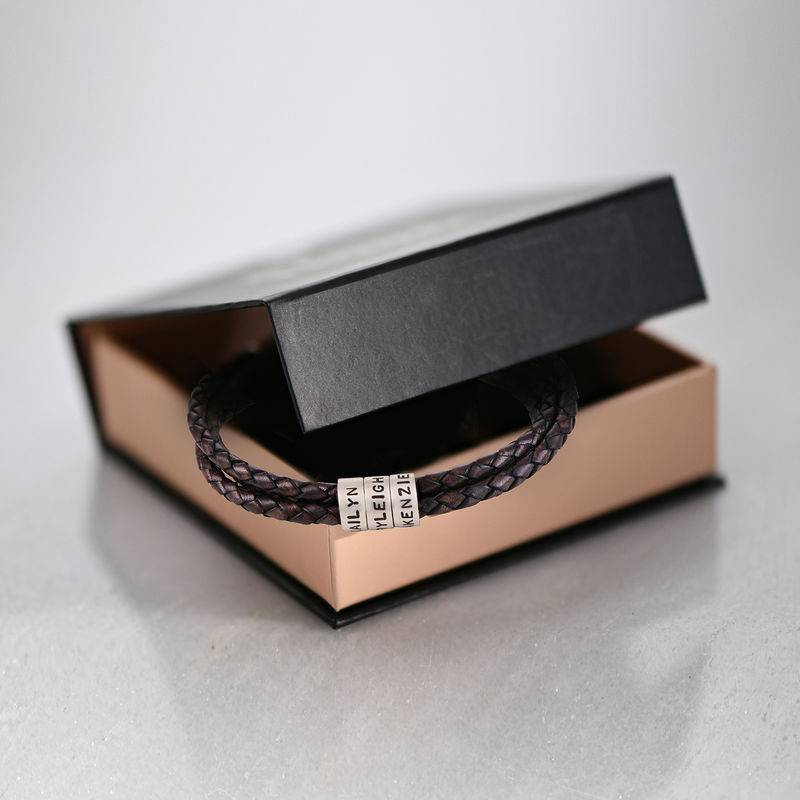 Men Braided Brown Leather Bracelet with Small Custom Beads in Silver-7 product photo
