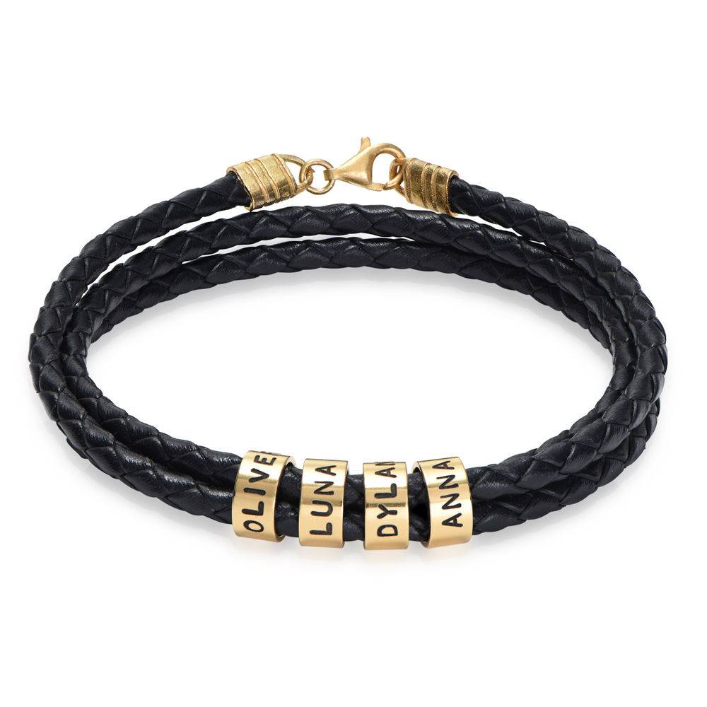 Men Braided Leather Bracelet with Small Custom Beads in Gold Plating-1 product photo