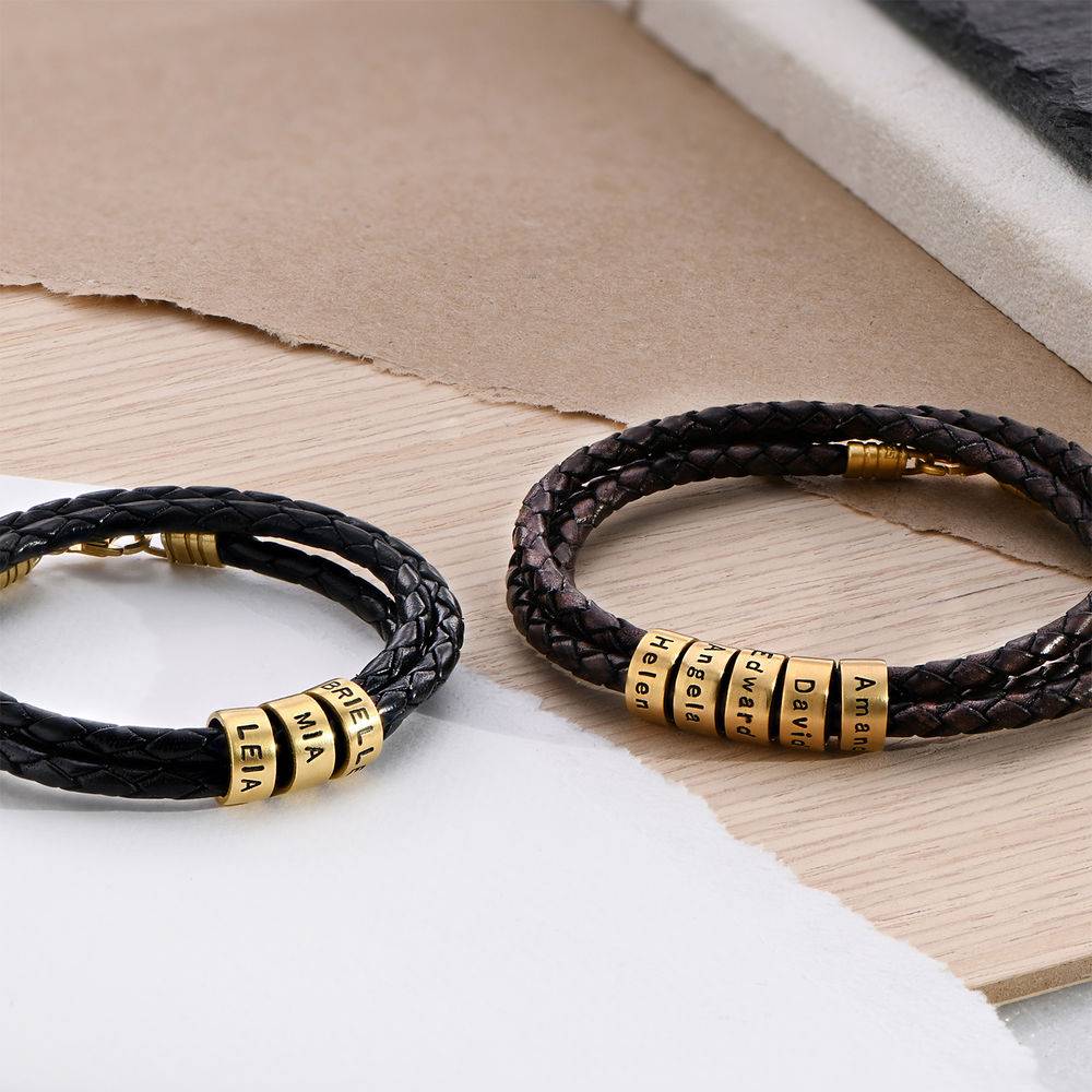 Men Braided Leather Bracelet with Small Custom Beads in Gold Plating-3 product photo