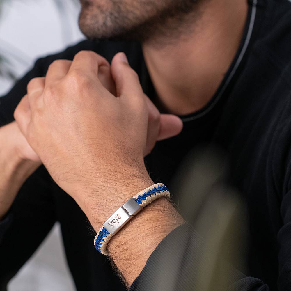 Men Flat Beige Leather Braided Bracelet-3 product photo