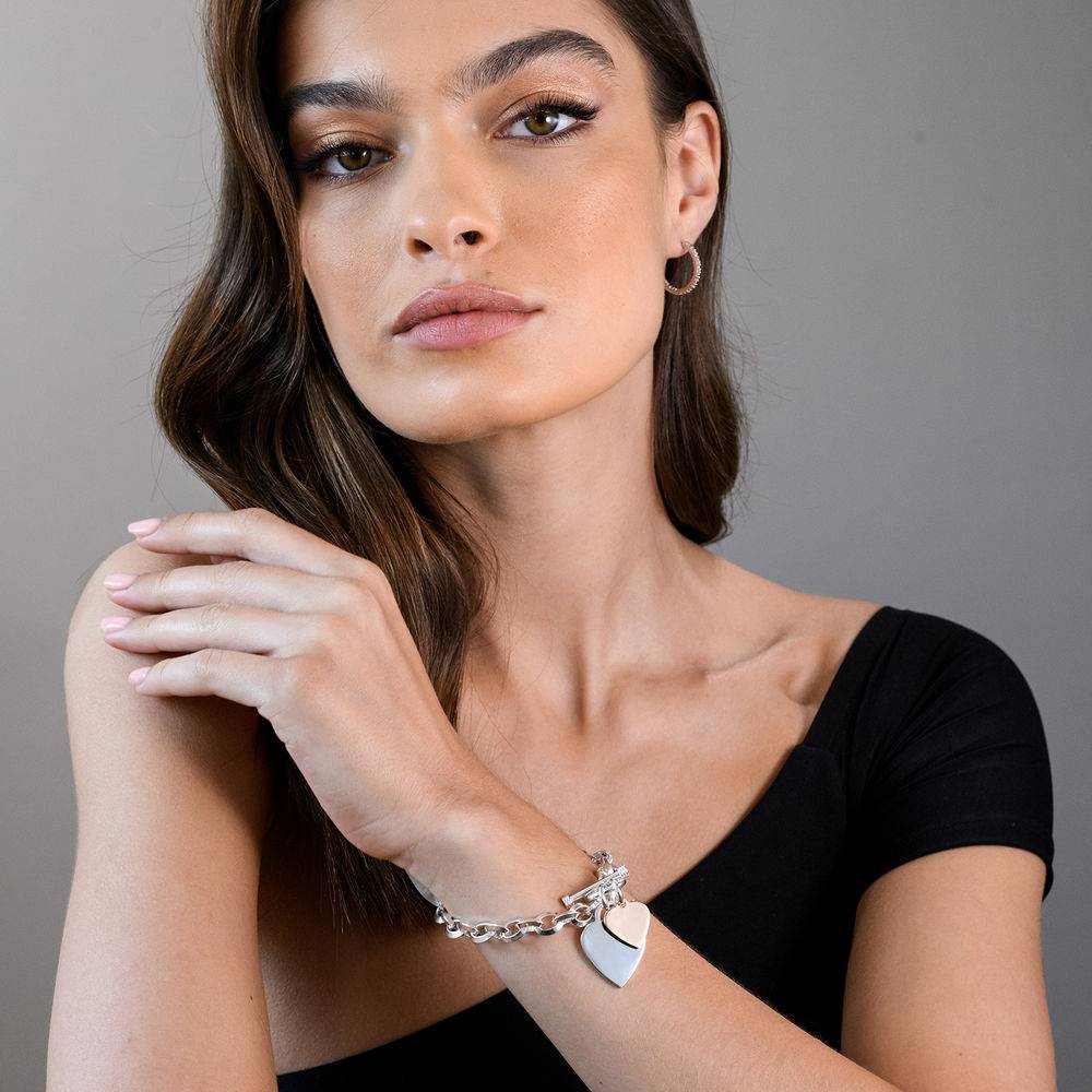 Oval Link Bracelet with Sterling Silver and Rose Gold Plated Heart Charms & Toggle Clasp-3 product photo