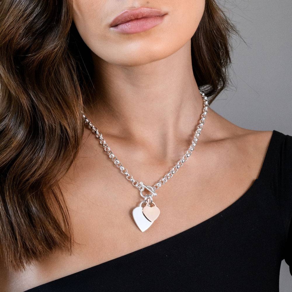 Oval Link Necklace with Sterling Silver and Rose Gold Plated Heart Charms & Toggle Clasp-3 product photo