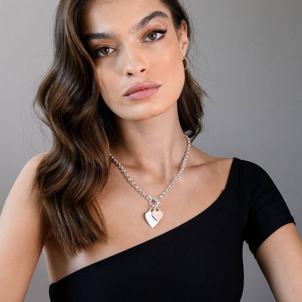 Oval Link Necklace with Sterling Silver and Rose Gold Plated Heart Charms & Toggle Clasp-4 product photo