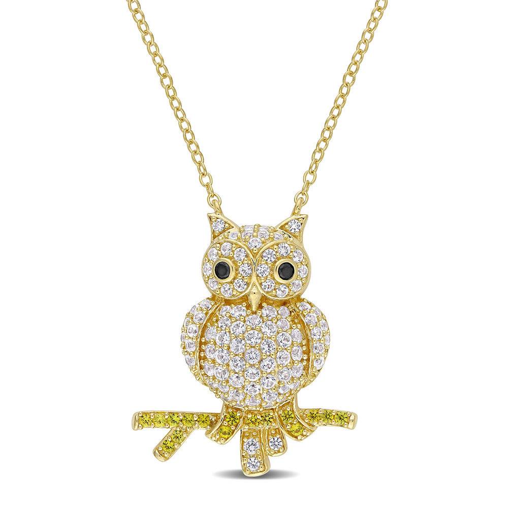 Owl Necklace with Lab-Created White and Yellow Sapphires & Black Spinel in Gold Plated Sterling Silver-2 product photo