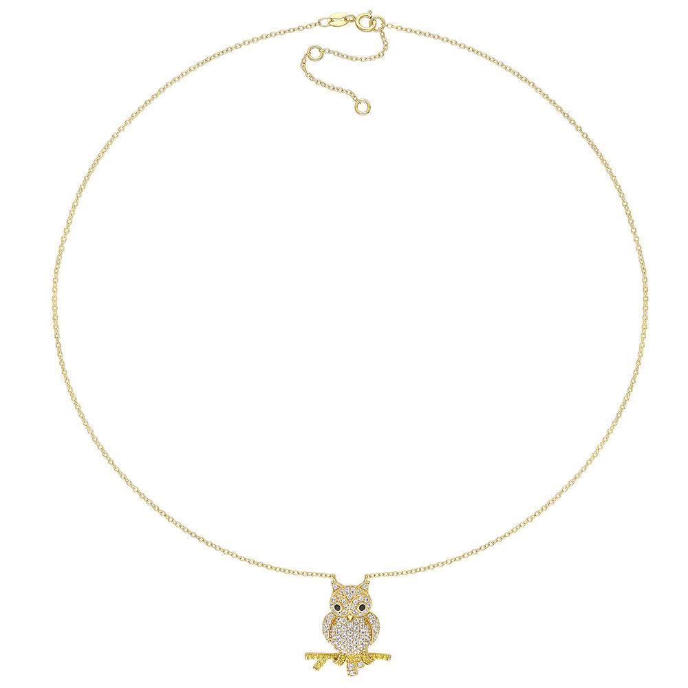 Owl Necklace with Lab-Created White and Yellow Sapphires & Black Spinel in Gold Plated Sterling Silver-3 product photo